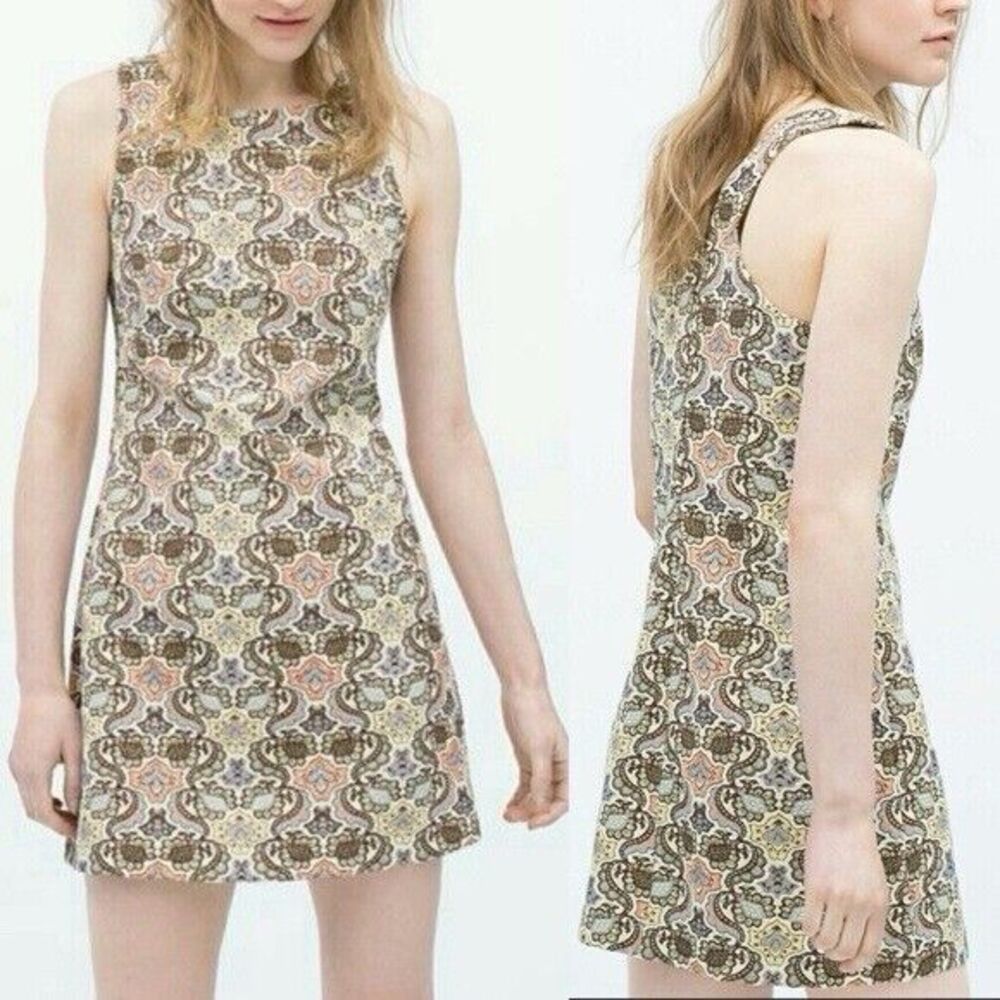 ZARA Women M Dress Paisley Brocade Jacquard Retro Trafaluc Mod Mini Brown Floral